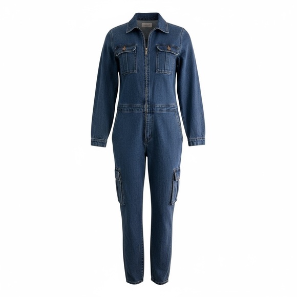 Fashion Nova Womens Denim Jumpsuit L Jean Coveralls Vintage Snap Front - Picture 2 of 14